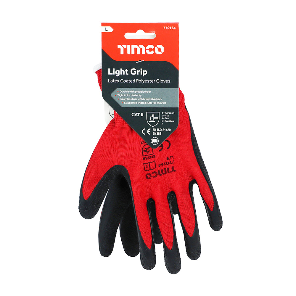 This is an image showing TIMCO Light Grip Gloves - Crinkle Latex Coated Polyester - Large - 1 Each Backing Card available from T.H Wiggans Ironmongery in Kendal, quick delivery at discounted prices.