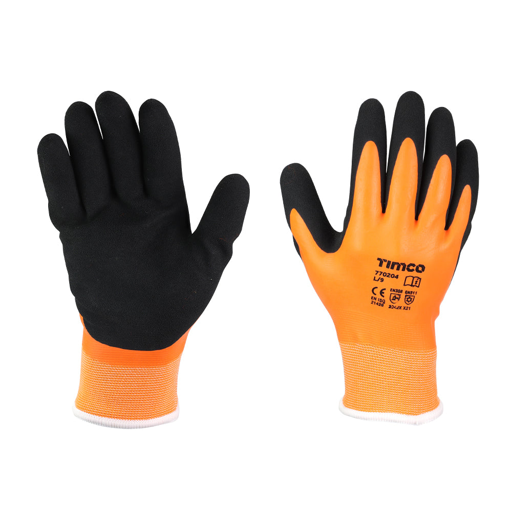 This is an image showing TIMCO Aqua Thermal Grip Glove - Sandy Latex Coated Polyester - Large - 1 Each Backing Card available from T.H Wiggans Ironmongery in Kendal, quick delivery at discounted prices.