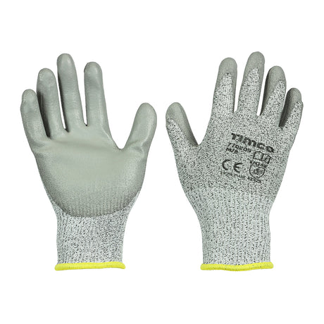 This is an image showing TIMCO Medium Cut Gloves - PU Coated HPPE Fibre with Glass Fibre - Medium - 1 Each Backing Card available from T.H Wiggans Ironmongery in Kendal, quick delivery at discounted prices.