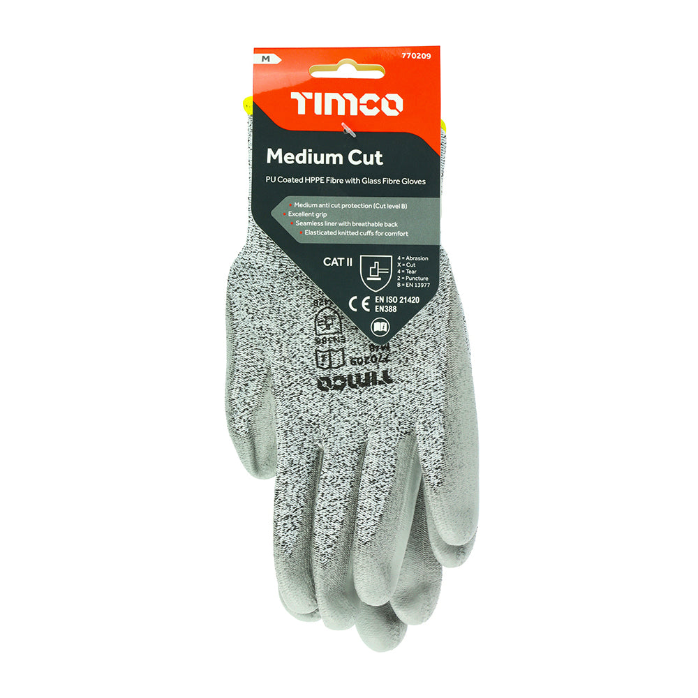 This is an image showing TIMCO Medium Cut Gloves - PU Coated HPPE Fibre with Glass Fibre - Medium - 1 Each Backing Card available from T.H Wiggans Ironmongery in Kendal, quick delivery at discounted prices.