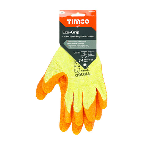 This is an image showing TIMCO Eco-Grip Gloves - Crinkle Latex Coated Polycotton - Medium - 1 Each Backing Card available from T.H Wiggans Ironmongery in Kendal, quick delivery at discounted prices.