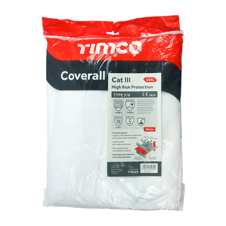 This is an image showing TIMCO Cat III Type 5/6 Coverall - High Risk Protection - White - XXX Large - 1 Each Bag available from T.H Wiggans Ironmongery in Kendal, quick delivery at discounted prices.