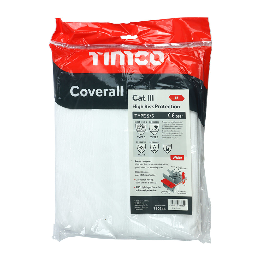 This is an image showing TIMCO Cat III Type 5/6 Coverall - High Risk Protection - White - Medium - 1 Each Bag available from T.H Wiggans Ironmongery in Kendal, quick delivery at discounted prices.