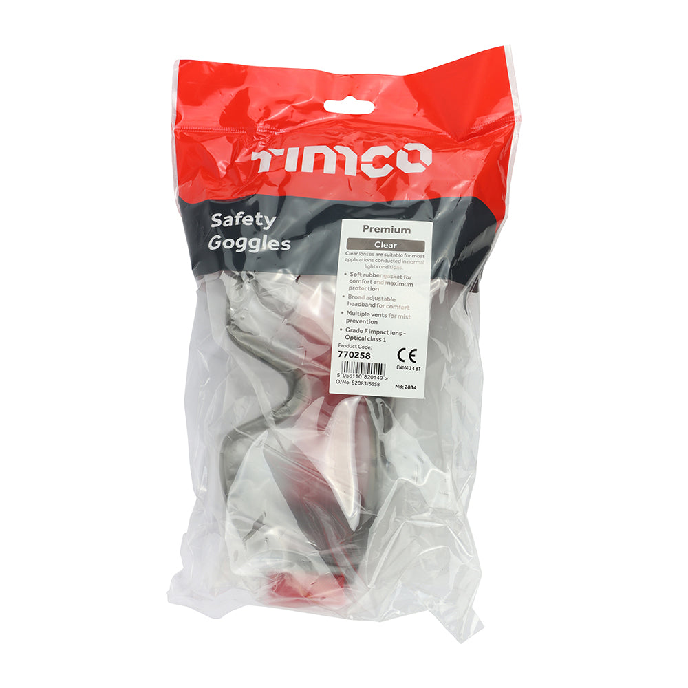 This is an image showing TIMCO Premium Safety Goggles - Clear - One Size - 1 Each Bag available from T.H Wiggans Ironmongery in Kendal, quick delivery at discounted prices.