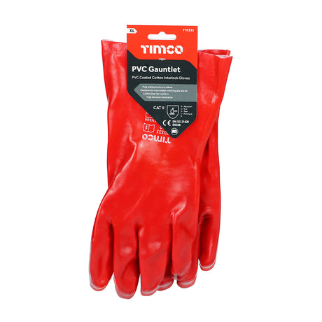This is an image showing TIMCO PVC Gauntlets - PVC Coated Cotton Interlock - X Large - 1 Each Backing Card available from T.H Wiggans Ironmongery in Kendal, quick delivery at discounted prices.