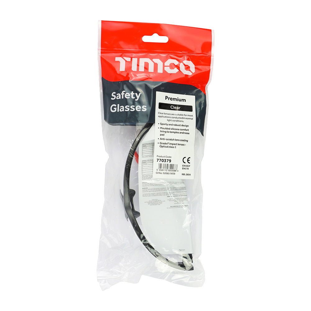 This is an image showing TIMCO Premium Safety Glasses - Clear - One Size - 1 Each Bag available from T.H Wiggans Ironmongery in Kendal, quick delivery at discounted prices.