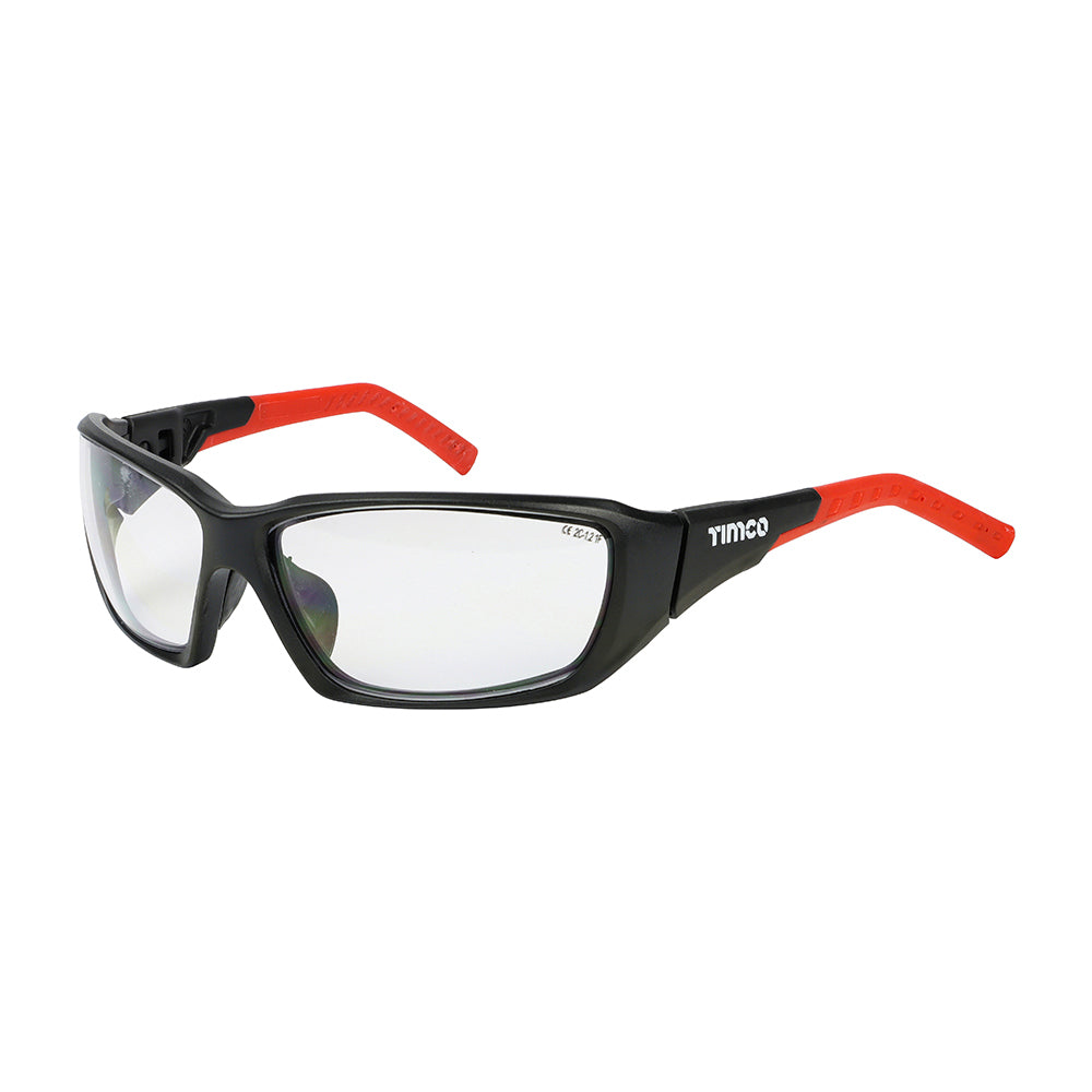 This is an image showing TIMCO Sports Style Safety Glasses - With Adjustable Temples - Clear - One Size - 1 Each Box available from T.H Wiggans Ironmongery in Kendal, quick delivery at discounted prices.