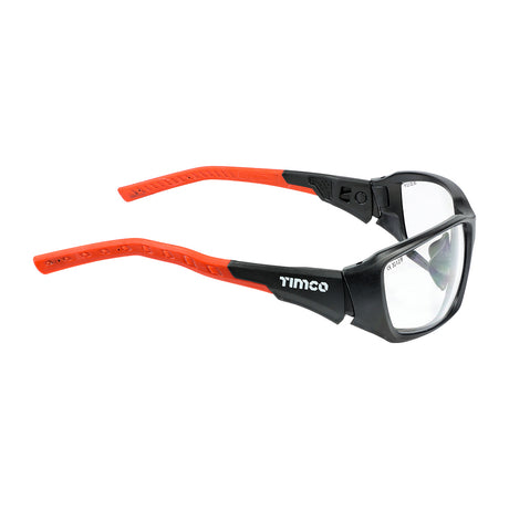 This is an image showing TIMCO Sports Style Safety Glasses - With Adjustable Temples - Clear - One Size - 1 Each Box available from T.H Wiggans Ironmongery in Kendal, quick delivery at discounted prices.