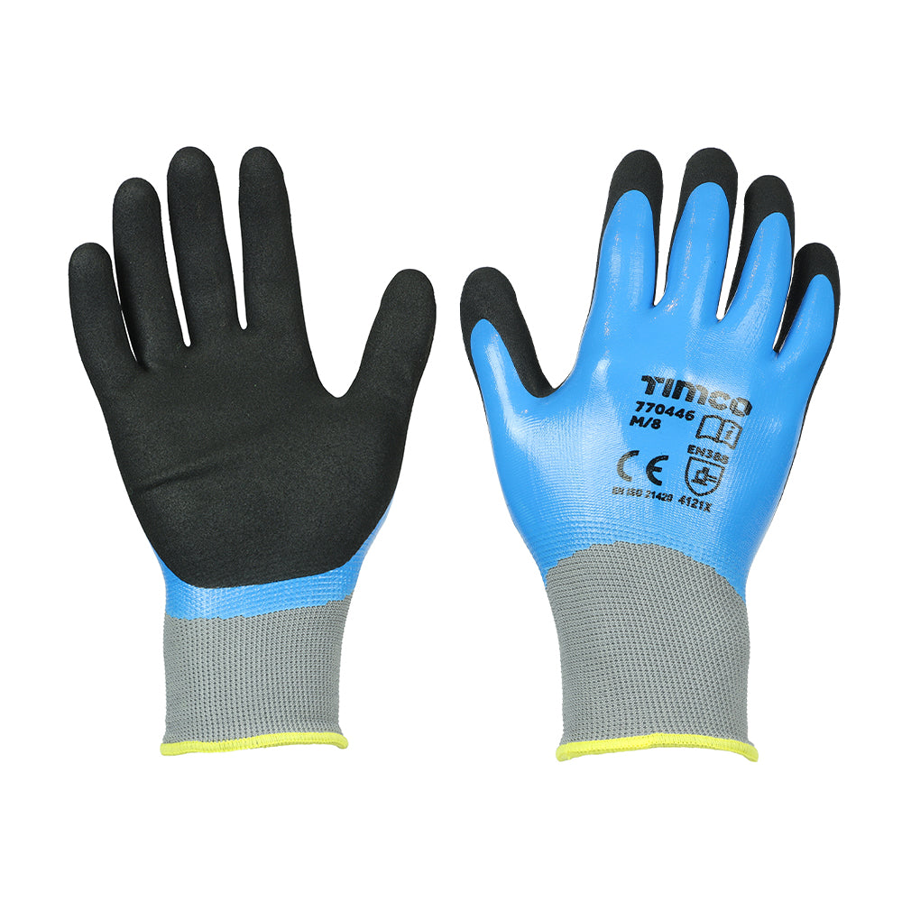 This is an image showing TIMCO Waterproof Grip Gloves - Sandy Nitrile Foam Coated Polyester - Medium - 1 Each Backing Card available from T.H Wiggans Ironmongery in Kendal, quick delivery at discounted prices.