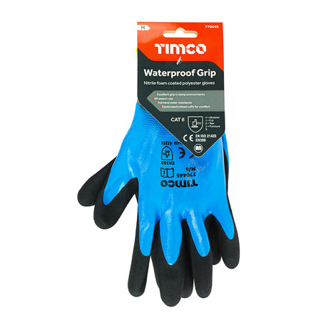 This is an image showing TIMCO Waterproof Grip Gloves - Sandy Nitrile Foam Coated Polyester - Medium - 1 Each Backing Card available from T.H Wiggans Ironmongery in Kendal, quick delivery at discounted prices.