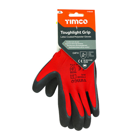 This is an image showing TIMCO Toughlight Grip Gloves - Sandy Latex Coated Polyester - Medium - 1 Each Backing Card available from T.H Wiggans Ironmongery in Kendal, quick delivery at discounted prices.