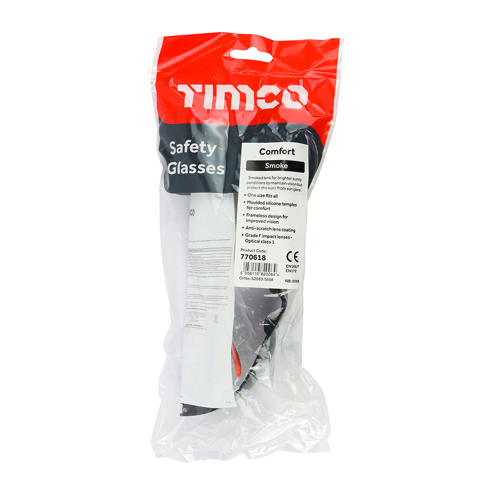 This is an image showing TIMCO Comfort Safety Glasses - Smoke - One Size - 1 Each Bag available from T.H Wiggans Ironmongery in Kendal, quick delivery at discounted prices.