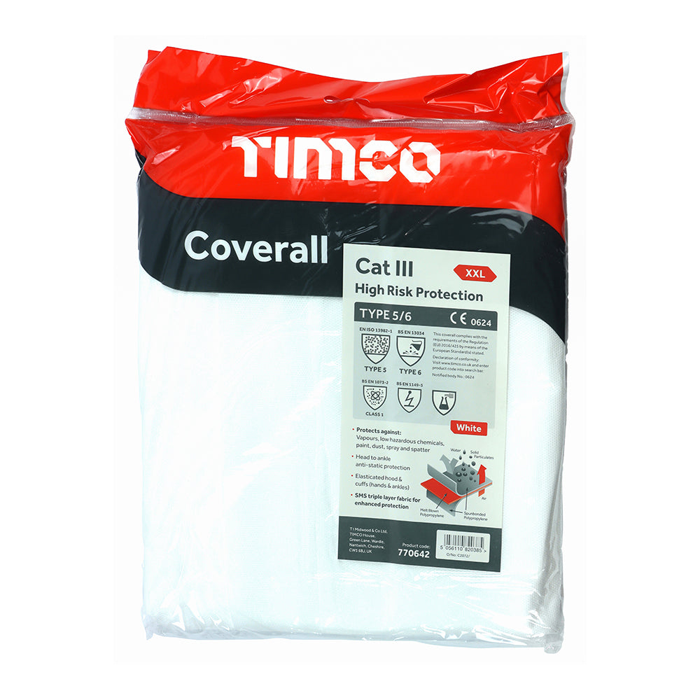 This is an image showing TIMCO Cat III Type 5/6 Coverall - High Risk Protection - White - XX Large - 1 Each Bag available from T.H Wiggans Ironmongery in Kendal, quick delivery at discounted prices.