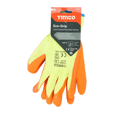 This is an image showing TIMCO Eco-Grip Gloves - Crinkle Latex Coated Polycotton - X Large - 1 Each Backing Card available from T.H Wiggans Ironmongery in Kendal, quick delivery at discounted prices.