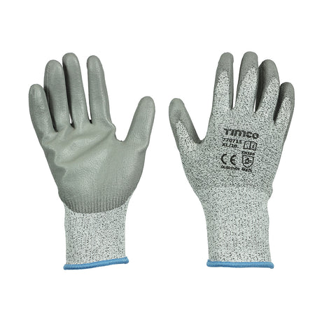 This is an image showing TIMCO Medium Cut Gloves - PU Coated HPPE Fibre with Glass Fibre - X Large - 1 Each Backing Card available from T.H Wiggans Ironmongery in Kendal, quick delivery at discounted prices.