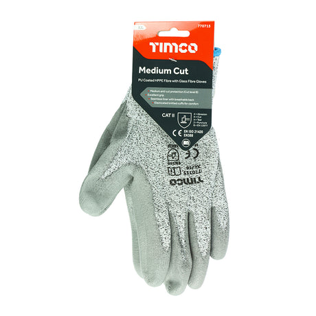 This is an image showing TIMCO Medium Cut Gloves - PU Coated HPPE Fibre with Glass Fibre - X Large - 1 Each Backing Card available from T.H Wiggans Ironmongery in Kendal, quick delivery at discounted prices.