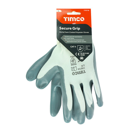 This is an image showing TIMCO Secure Grip Gloves - Smooth Nitrile Foam Coated Polyester - Large - 1 Each Backing Card available from T.H Wiggans Ironmongery in Kendal, quick delivery at discounted prices.