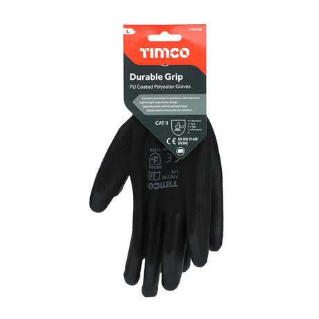This is an image showing TIMCO Durable Grip Gloves - PU Coated Polyester - Large - 1 Each Backing Card available from T.H Wiggans Ironmongery in Kendal, quick delivery at discounted prices.