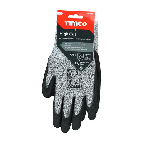This is an image showing TIMCO High Cut Gloves - PU Coated HPPE Fibre with Glass Fibre - Large - 1 Each Backing Card available from T.H Wiggans Ironmongery in Kendal, quick delivery at discounted prices.