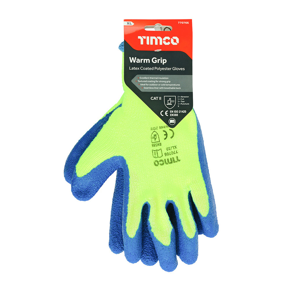 This is an image showing TIMCO Warm Grip Gloves - Crinkle Latex Coated Polyester - X Large - 1 Each Backing Card available from T.H Wiggans Ironmongery in Kendal, quick delivery at discounted prices.