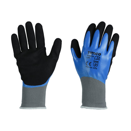 This is an image showing TIMCO Waterproof Grip Gloves - Sandy Nitrile Foam Coated Polyester - Large - 1 Each Backing Card available from T.H Wiggans Ironmongery in Kendal, quick delivery at discounted prices.