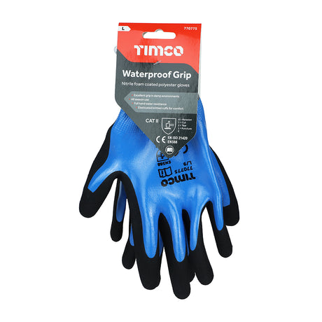 This is an image showing TIMCO Waterproof Grip Gloves - Sandy Nitrile Foam Coated Polyester - Large - 1 Each Backing Card available from T.H Wiggans Ironmongery in Kendal, quick delivery at discounted prices.