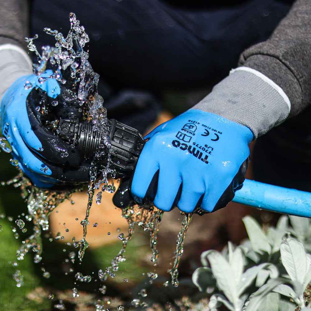 This is an image showing TIMCO Waterproof Grip Gloves - Sandy Nitrile Foam Coated Polyester - Large - 1 Each Backing Card available from T.H Wiggans Ironmongery in Kendal, quick delivery at discounted prices.