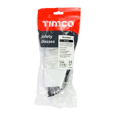 This is an image showing TIMCO Standard Safety Glasses - Smoke - One Size - 1 Each Bag available from T.H Wiggans Ironmongery in Kendal, quick delivery at discounted prices.