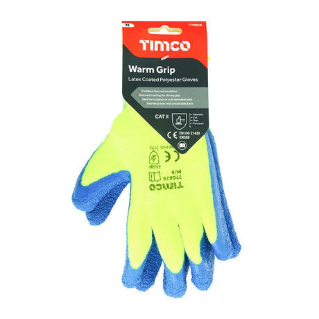 This is an image showing TIMCO Warm Grip Gloves - Crinkle Latex Coated Polyester - Medium - 1 Each Backing Card available from T.H Wiggans Ironmongery in Kendal, quick delivery at discounted prices.