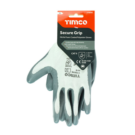 This is an image showing TIMCO Secure Grip Gloves - Smooth Nitrile Foam Coated Polyester - Medium - 1 Each Backing Card available from T.H Wiggans Ironmongery in Kendal, quick delivery at discounted prices.