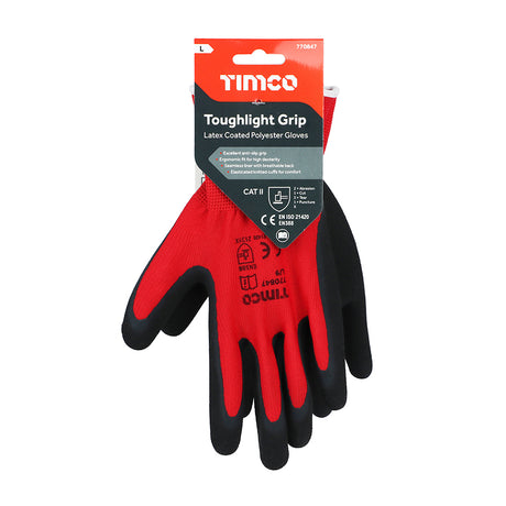 This is an image showing TIMCO Toughlight Grip Gloves - Sandy Latex Coated Polyester - Large - 1 Each Backing Card available from T.H Wiggans Ironmongery in Kendal, quick delivery at discounted prices.