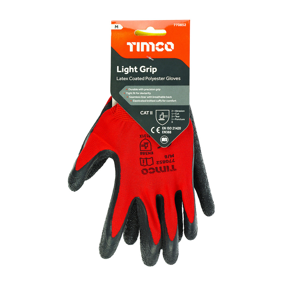 This is an image showing TIMCO Light Grip Gloves - Crinkle Latex Coated Polyester - Medium - 1 Each Backing Card available from T.H Wiggans Ironmongery in Kendal, quick delivery at discounted prices.