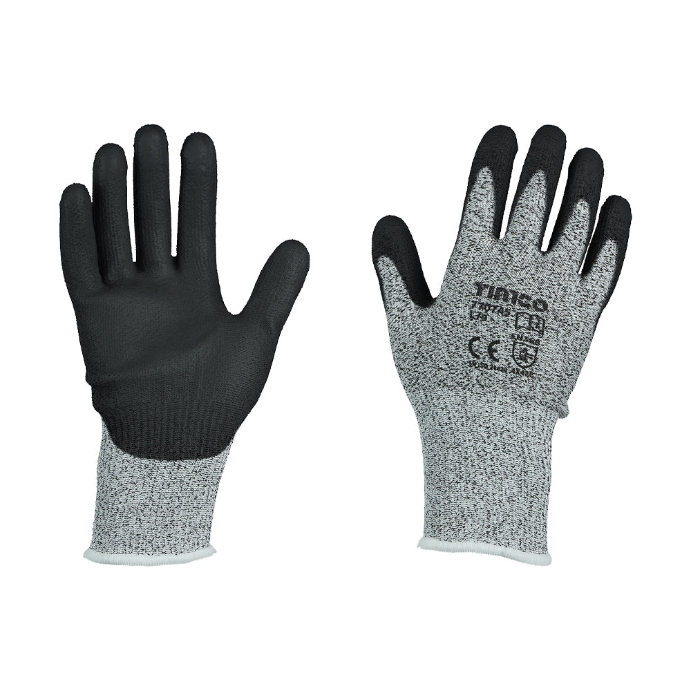 This is an image showing TIMCO High Cut Gloves - PU Coated HPPE Fibre with Glass Fibre - Medium - 1 Each Backing Card available from T.H Wiggans Ironmongery in Kendal, quick delivery at discounted prices.