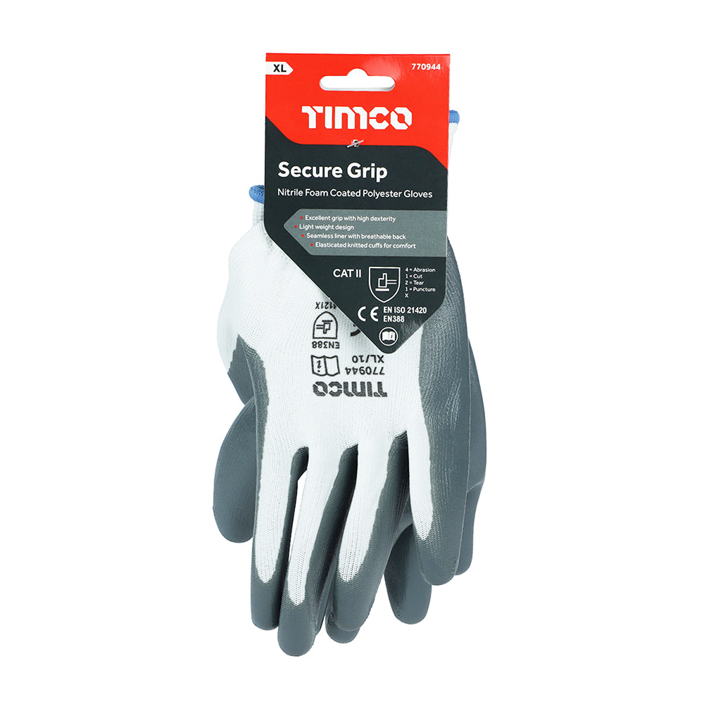 This is an image showing TIMCO Secure Grip Gloves - Smooth Nitrile Foam Coated Polyester - X Large - 1 Each Backing Card available from T.H Wiggans Ironmongery in Kendal, quick delivery at discounted prices.