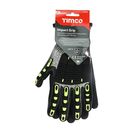 This is an image showing TIMCO Impact Cut Glove - Sandy Nitrile Coated HPPE Fibre and Glass Fibre Gloves with TPR Pads - Medium - 1 Each Backing Card available from T.H Wiggans Ironmongery in Kendal, quick delivery at discounted prices.
