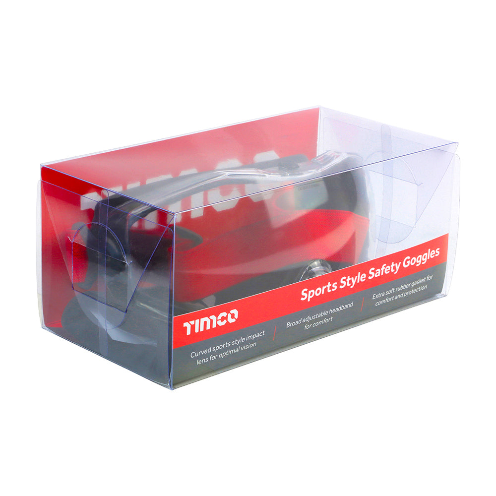 This is an image showing TIMCO Sports Style Safety Goggles - Clear - Clear - 1 Each Box available from T.H Wiggans Ironmongery in Kendal, quick delivery at discounted prices.