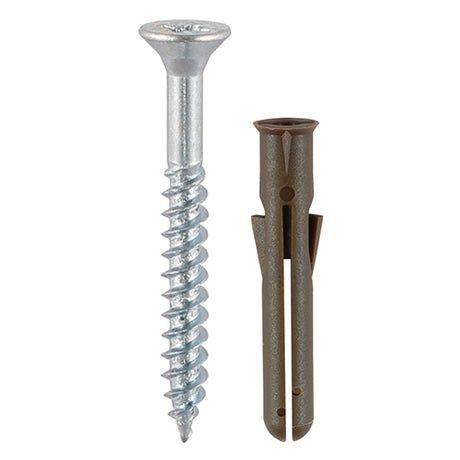 This is an image showing TIMCO Brown Premium Plastic Plugs with Screws - 42mm - 400 Pieces Tub available from T.H Wiggans Ironmongery in Kendal, quick delivery at discounted prices.