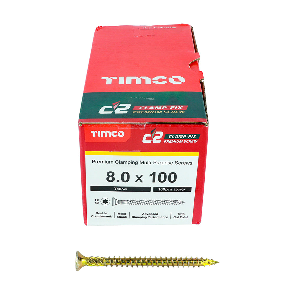 This is an image showing TIMCO C2 Clamp-Fix - TX - Double Countersunk with Ribs - Twin-Cut - Yellow - 8.0 x 100 - 100 Pieces Box available from T.H Wiggans Ironmongery in Kendal, quick delivery at discounted prices.