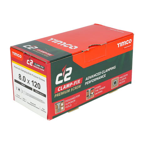 This is an image showing TIMCO C2 Clamp-Fix - TX - Double Countersunk with Ribs - Twin-Cut - Yellow - 8.0 x 120 - 50 Pieces Box available from T.H Wiggans Ironmongery in Kendal, quick delivery at discounted prices.