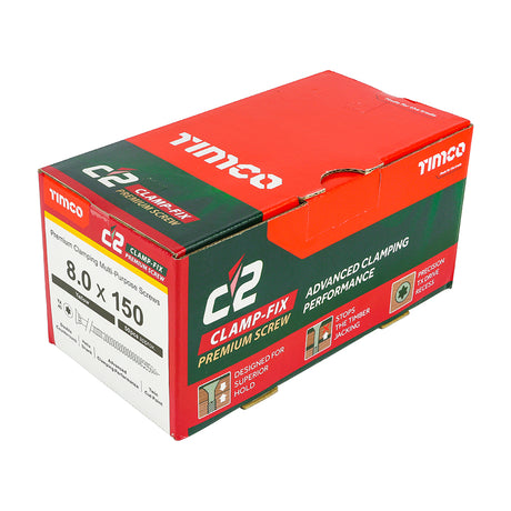 This is an image showing TIMCO C2 Clamp-Fix - TX - Double Countersunk with Ribs - Twin-Cut - Yellow - 8.0 x 150 - 50 Pieces Box available from T.H Wiggans Ironmongery in Kendal, quick delivery at discounted prices.