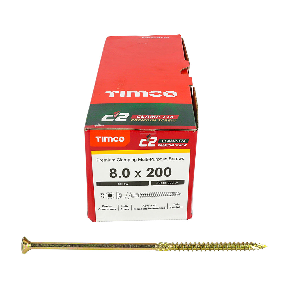 This is an image showing TIMCO C2 Clamp-Fix - TX - Double Countersunk with Ribs - Twin-Cut - Yellow - 8.0 x 200 - 50 Pieces Box available from T.H Wiggans Ironmongery in Kendal, quick delivery at discounted prices.