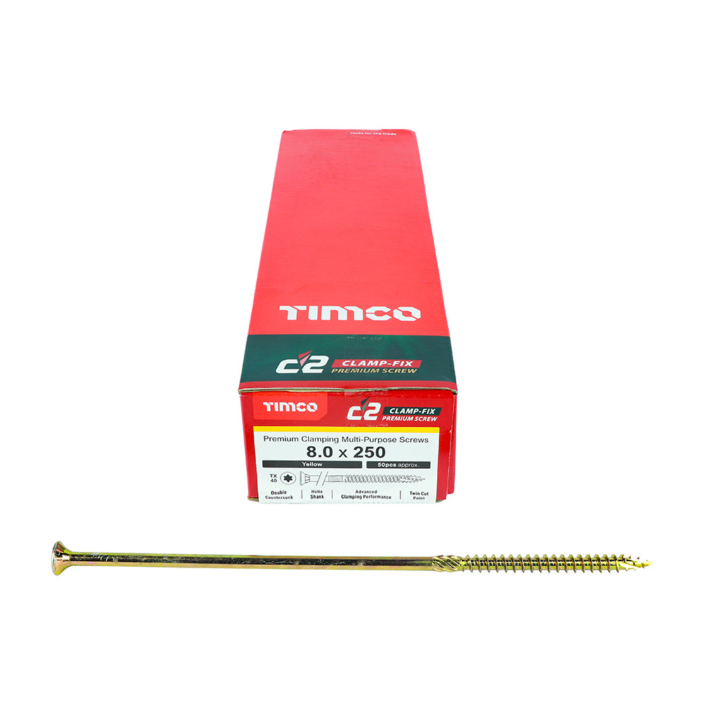 This is an image showing TIMCO C2 Clamp-Fix - TX - Double Countersunk with Ribs - Twin-Cut - Yellow - 8.0 x 250 - 50 Pieces Box available from T.H Wiggans Ironmongery in Kendal, quick delivery at discounted prices.