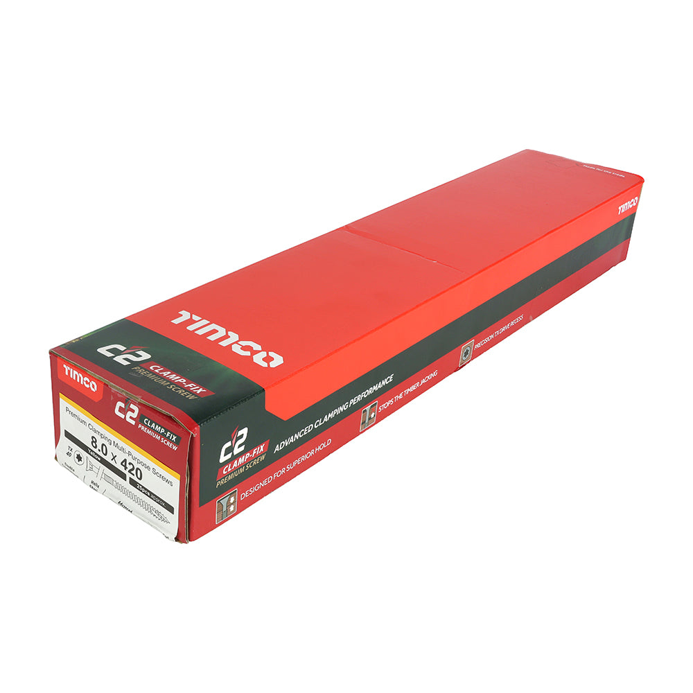 This is an image showing TIMCO C2 Clamp-Fix - TX - Double Countersunk with Ribs - Twin-Cut - Yellow - 8.0 x 420 - 25 Pieces Box available from T.H Wiggans Ironmongery in Kendal, quick delivery at discounted prices.