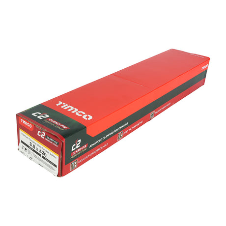 This is an image showing TIMCO C2 Clamp-Fix - TX - Double Countersunk with Ribs - Twin-Cut - Yellow - 8.0 x 420 - 25 Pieces Box available from T.H Wiggans Ironmongery in Kendal, quick delivery at discounted prices.