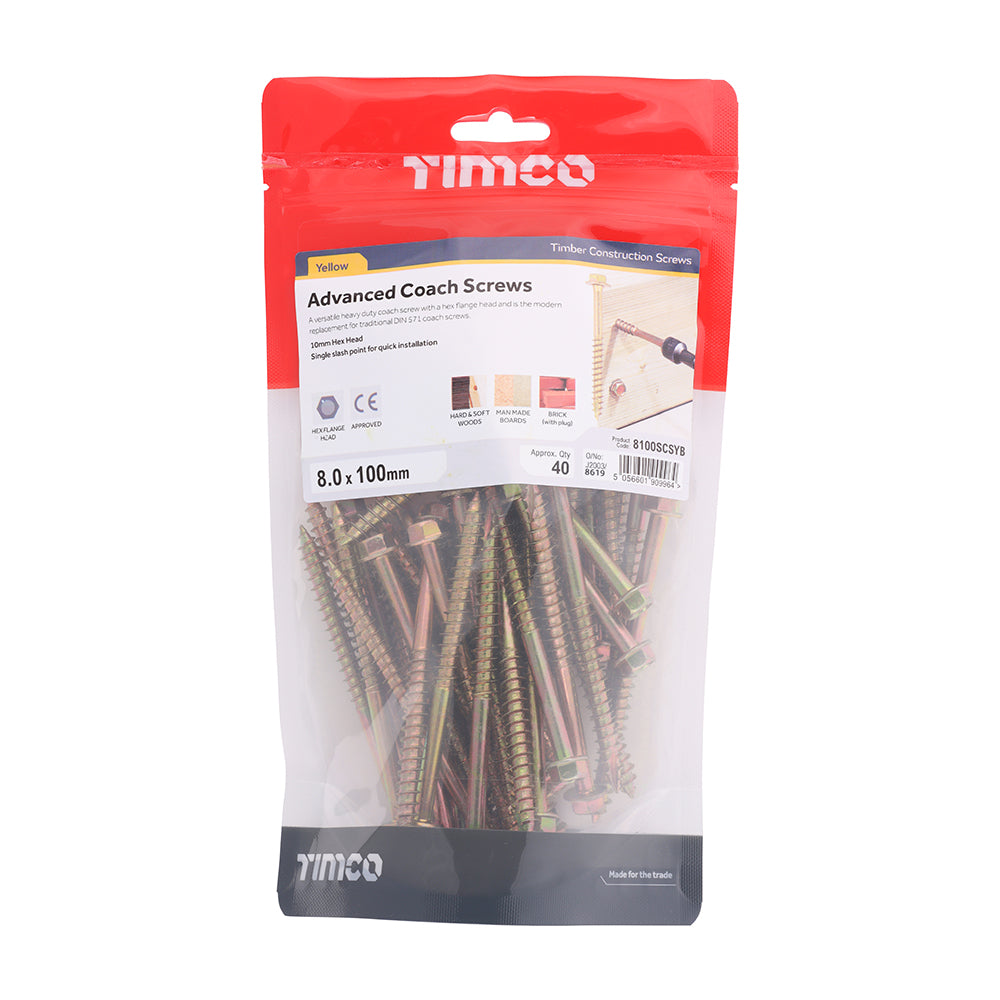 This is an image showing TIMCO Advanced Coach Screws - Hex Flange - Yellow - 8.0 x 100 - 40 Pieces TIMbag available from T.H Wiggans Ironmongery in Kendal, quick delivery at discounted prices.