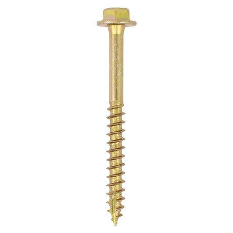 This is an image showing TIMCO Solo Coach Screws - Hex Flange - Yellow - 8.0 x 100 - 4 Pieces TIMpac available from T.H Wiggans Ironmongery in Kendal, quick delivery at discounted prices.