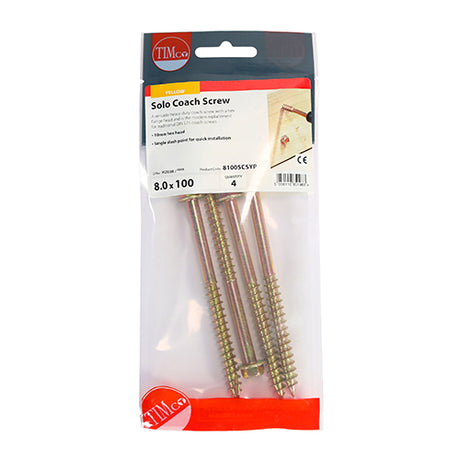 This is an image showing TIMCO Solo Coach Screws - Hex Flange - Yellow - 8.0 x 100 - 4 Pieces TIMpac available from T.H Wiggans Ironmongery in Kendal, quick delivery at discounted prices.