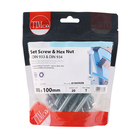 This is an image showing TIMCO Set Screws & Hex Nuts - Grade 8.8 - Zinc - M8 x 100 - 20 Pieces TIMbag available from T.H Wiggans Ironmongery in Kendal, quick delivery at discounted prices.