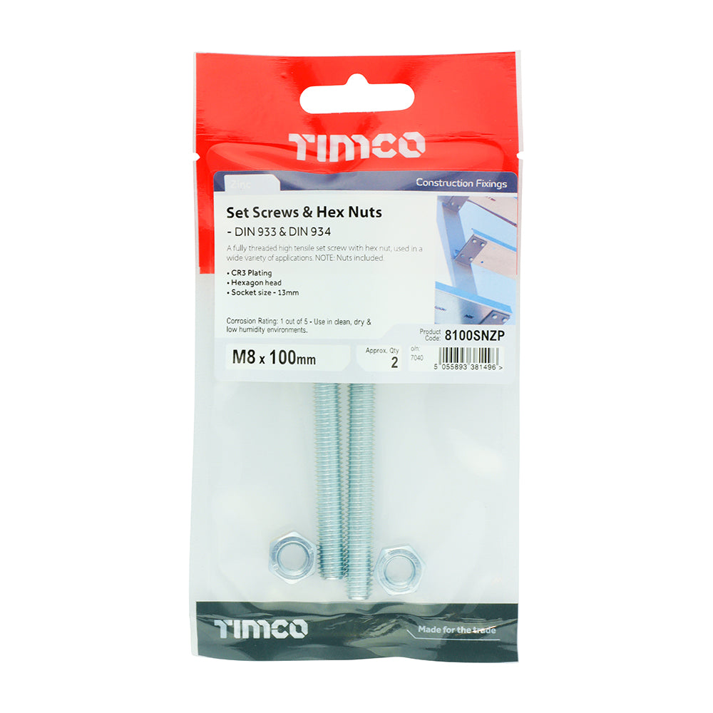 This is an image showing TIMCO Set Screws & Hex Nuts - Grade 8.8 - Zinc - M8 x 100 - 2 Pieces TIMpac available from T.H Wiggans Ironmongery in Kendal, quick delivery at discounted prices.