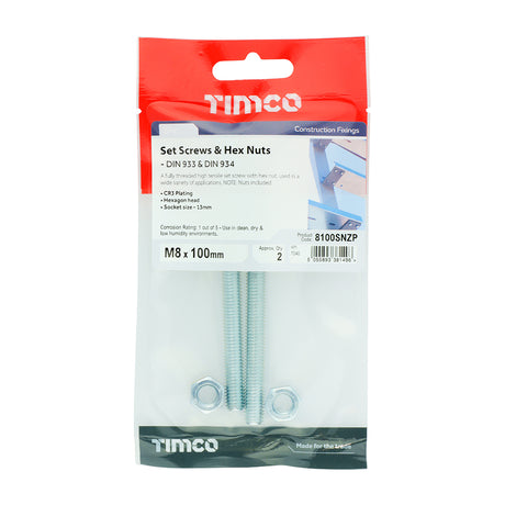 This is an image showing TIMCO Set Screws & Hex Nuts - Grade 8.8 - Zinc - M8 x 100 - 2 Pieces TIMpac available from T.H Wiggans Ironmongery in Kendal, quick delivery at discounted prices.
